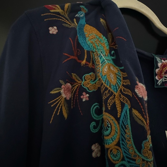 Johnny Was Navy Bomber Jacket with Embroidered Peacock - Picture 5 of 10